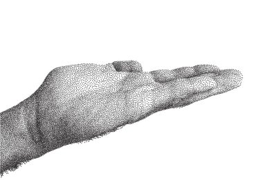 Stipple dotted holding hand for trendy y2k retro collage. Vector textured photocopy effect male palm clipart