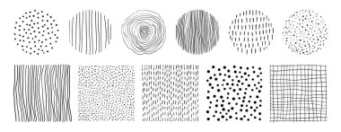 El çizimi doku vektörü ayarlandı. Soyut çizim organik çember ve kare şekilli tasarım elementleri