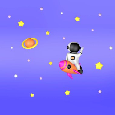 3D render uzay adamı astronot roketle uçuyor.