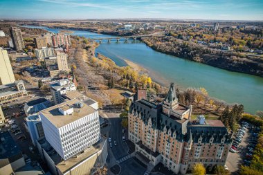 Saskatoon, Saskatchewan, Kanada şehir merkezinin hava manzarası