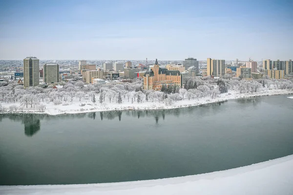 Flygfoto Över Staden Saskatoon Provinsen Saskatchewan Kanada Vintern — Stockfoto