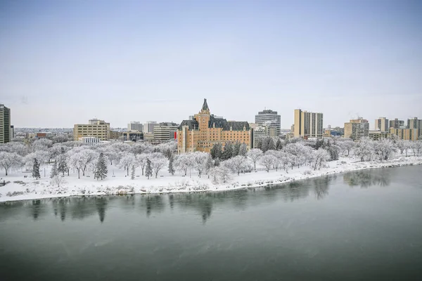 Luchtfoto Van Stad Saskatoon Provincie Saskatchewan Canada Tijdens Winter — Stockfoto