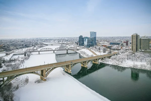 Letecký Pohled Město Saskatoon Provincii Saskatchewan Kanada Zimě — Stock fotografie