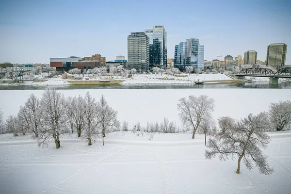 stock image Aerial view of the city of Saskatoon in the province of Saskatchewan, Canada during winter