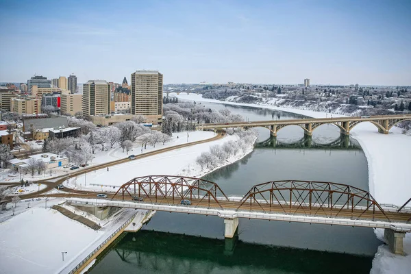 Flygfoto Över Staden Saskatoon Provinsen Saskatchewan Kanada Vintern — Stockfoto