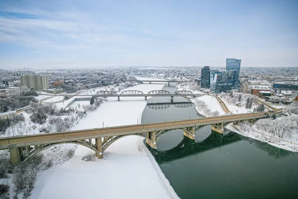 Luchtfoto Van Stad Saskatoon Provincie Saskatchewan Canada Tijdens Winter — Stockfoto