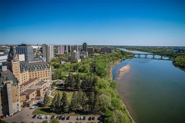 Luchtfoto Van Binnenstad Van Saskatoon Saskatchewan Canada — Stockfoto