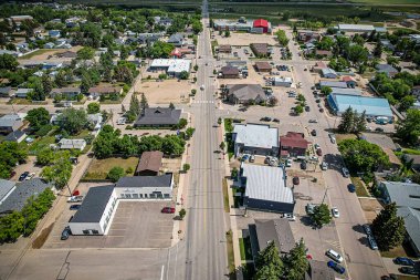 Aerial drone view of the small city of Warman, Saskatchewan, Canada
