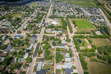 Aerial drone view of the small city of Warman, Saskatchewan, Canada
