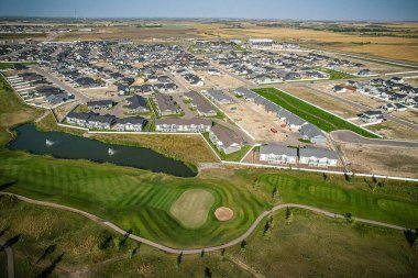 Aerial drone view of the small city of Warman, Saskatchewan, Canada