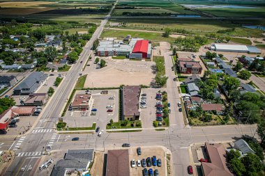 Aerial drone view of the small city of Warman, Saskatchewan, Canada