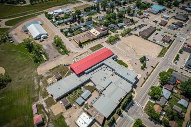 Aerial drone view of the small city of Warman, Saskatchewan, Canada