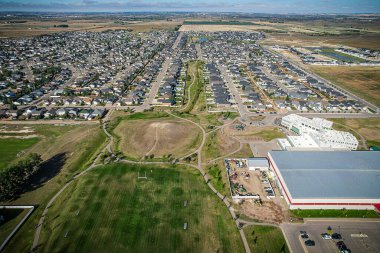 Aerial drone view of the small city of Warman, Saskatchewan, Canada