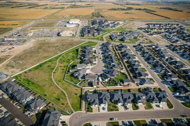 Aerial drone view of the small city of Warman, Saskatchewan, Canada