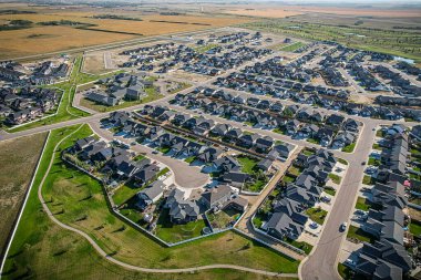 Aerial drone view of the small city of Warman, Saskatchewan, Canada