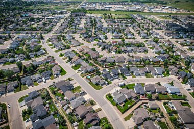 Aerial drone view of the small city of Warman, Saskatchewan, Canada