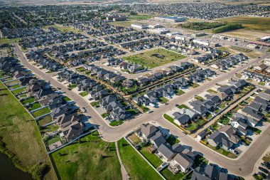 Aerial drone view of the small city of Warman, Saskatchewan, Canada