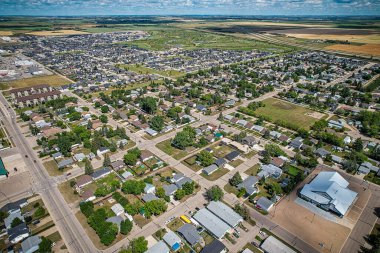 Aerial drone view of the small city of Warman, Saskatchewan, Canada