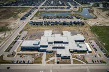 Aerial drone view of the small city of Warman, Saskatchewan, Canada