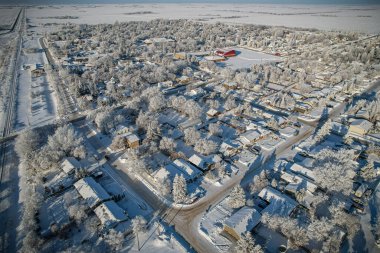 Aerial drone view of the Dalmeny, Saskatchewan, Canada on a frosty winter day.
