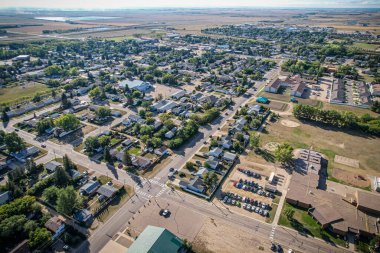 Aerial drone view of the small city of Warman, Saskatchewan, Canada