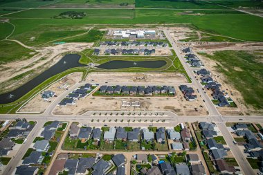 Aerial drone view of the small city of Warman, Saskatchewan, Canada