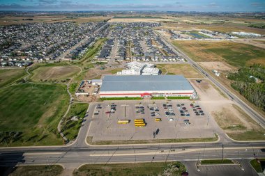 Aerial drone view of the small city of Warman, Saskatchewan, Canada