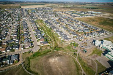 Aerial drone view of the small city of Warman, Saskatchewan, Canada