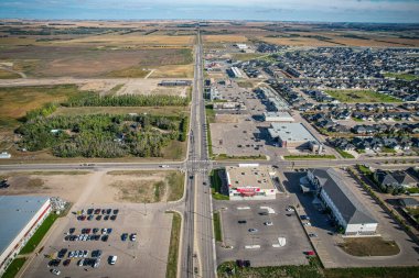 Aerial drone view of the small city of Warman, Saskatchewan, Canada
