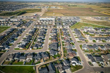 Aerial drone view of the small city of Warman, Saskatchewan, Canada