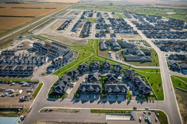 Aerial drone view of the small city of Warman, Saskatchewan, Canada
