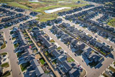 Aerial drone view of the small city of Warman, Saskatchewan, Canada