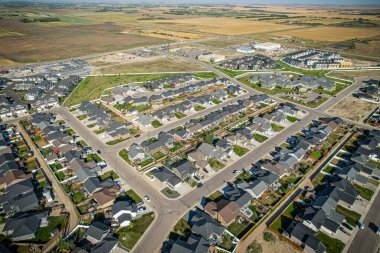 Aerial drone view of the small city of Warman, Saskatchewan, Canada