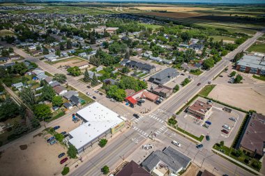 Aerial drone view of the small city of Warman, Saskatchewan, Canada