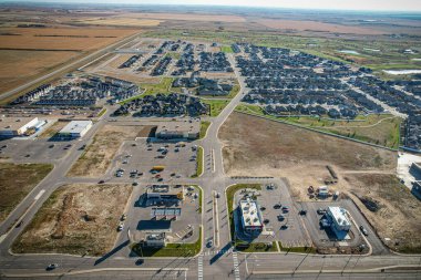 Aerial drone view of the small city of Warman, Saskatchewan, Canada