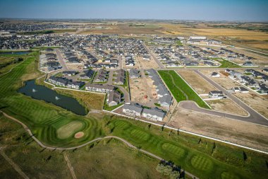 Aerial drone view of the small city of Warman, Saskatchewan, Canada