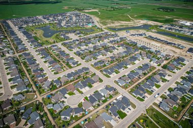Aerial drone view of the small city of Warman, Saskatchewan, Canada