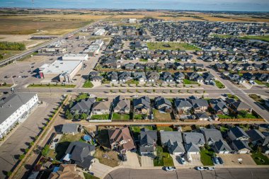 Aerial drone view of the small city of Warman, Saskatchewan, Canada