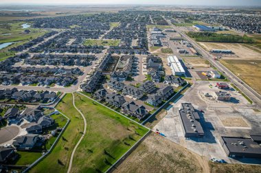 Aerial drone view of the small city of Warman, Saskatchewan, Canada