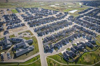 Aerial drone view of the small city of Warman, Saskatchewan, Canada