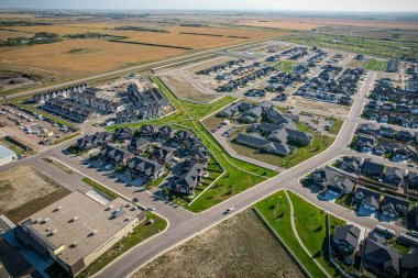 Aerial drone view of the small city of Warman, Saskatchewan, Canada