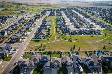 Aerial drone view of the small city of Warman, Saskatchewan, Canada