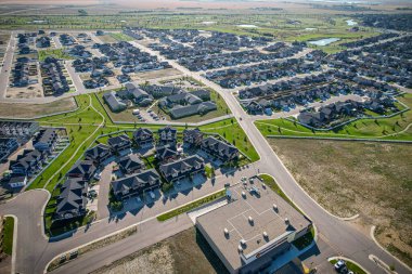 Aerial drone view of the small city of Warman, Saskatchewan, Canada