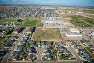 Aerial drone view of the small city of Warman, Saskatchewan, Canada