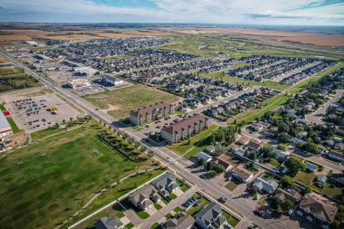 Aerial drone view of the small city of Warman, Saskatchewan, Canada