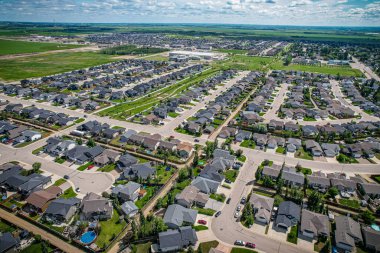 Aerial drone view of the small city of Warman, Saskatchewan, Canada