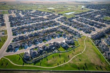 Aerial drone view of the small city of Warman, Saskatchewan, Canada