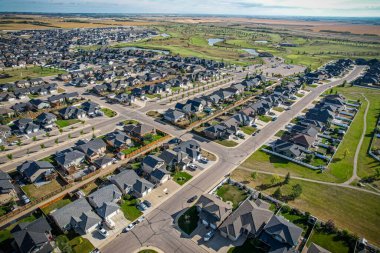 Aerial drone view of the small city of Warman, Saskatchewan, Canada