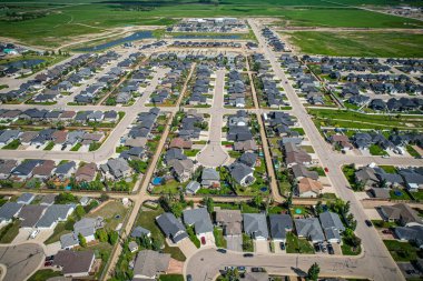 Aerial drone view of the small city of Warman, Saskatchewan, Canada