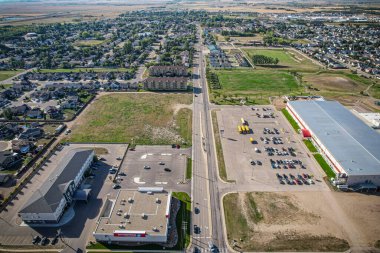 Aerial drone view of the small city of Warman, Saskatchewan, Canada